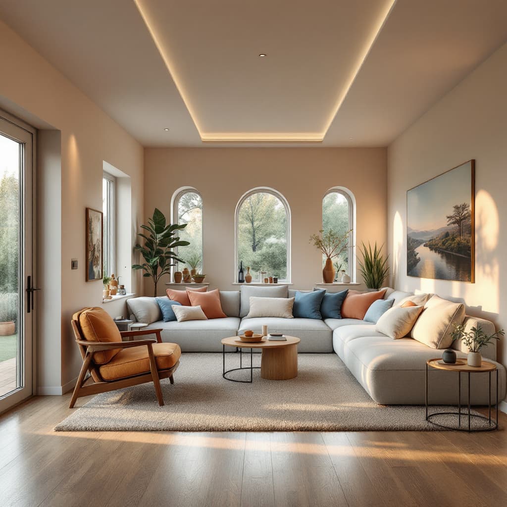 AI generated: High resolution photography interior design, dreamy sunken living room conversation pit, wooden floo...