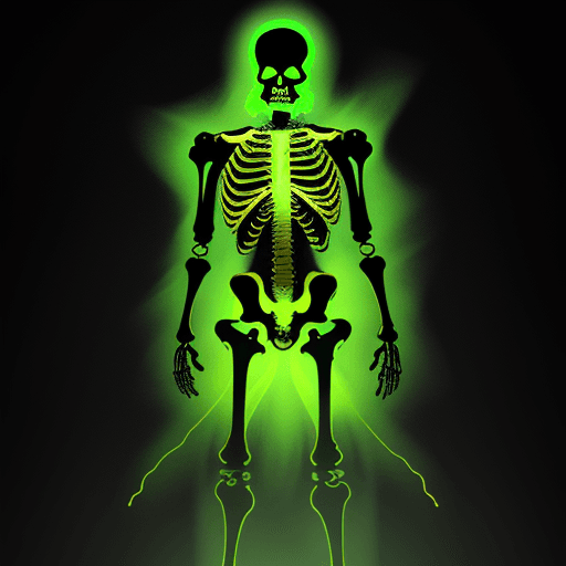 AI generated: Incredible angle view of a beautiful full body radioactive skeleton, radioactive jacket, in hand gre...