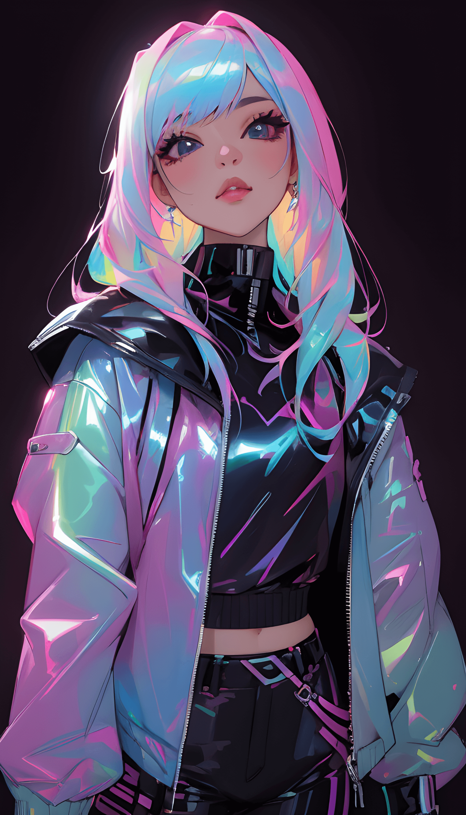 AI generated: a close up of a person wearing a jacket, inspired by Ross Tran, shiny colorful, chrome outfit, jossi...