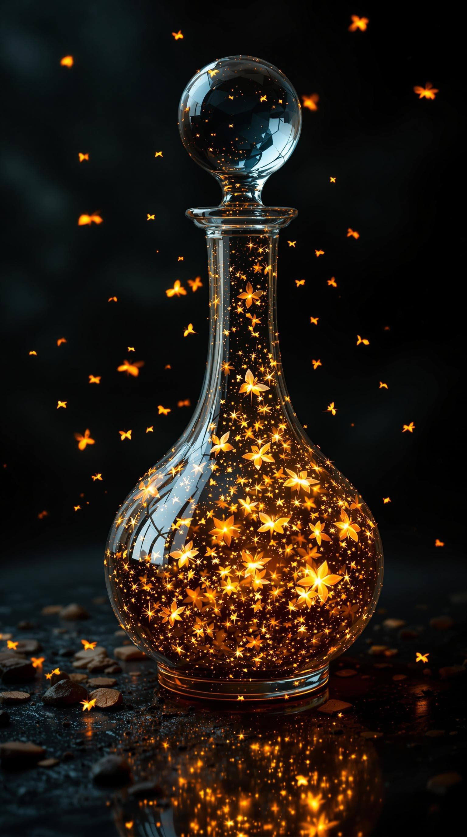 AI generated: a wide based decanter  made of crystal , that has a swarm of fireflies in it
