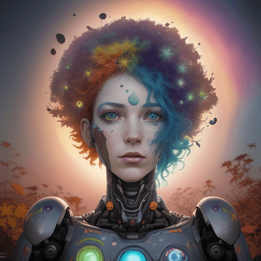 AI generated: beautiful angle view of robot individual from another planet with multicolored hair, beautiful color...