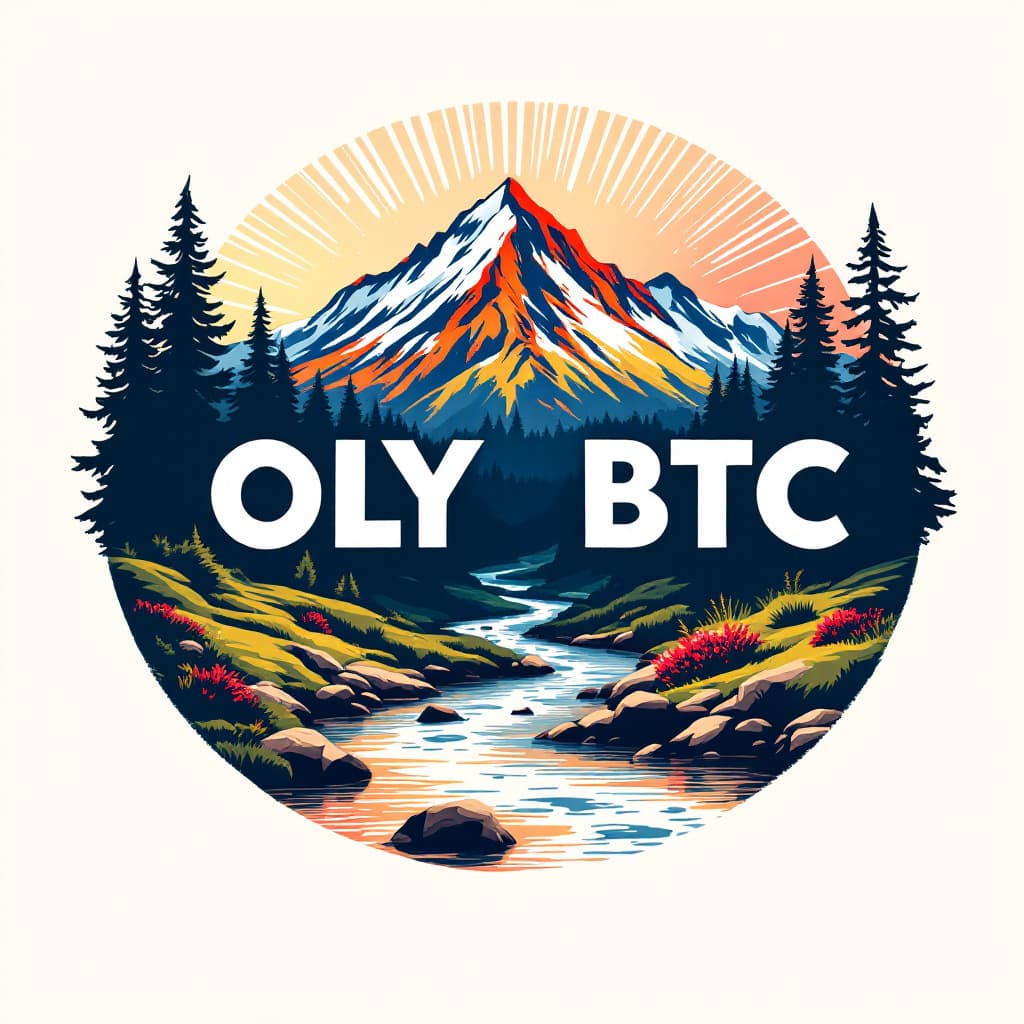 AI generated: Olympia beer logo with OLY BTC font and a mountain with a stream in vibrant colors