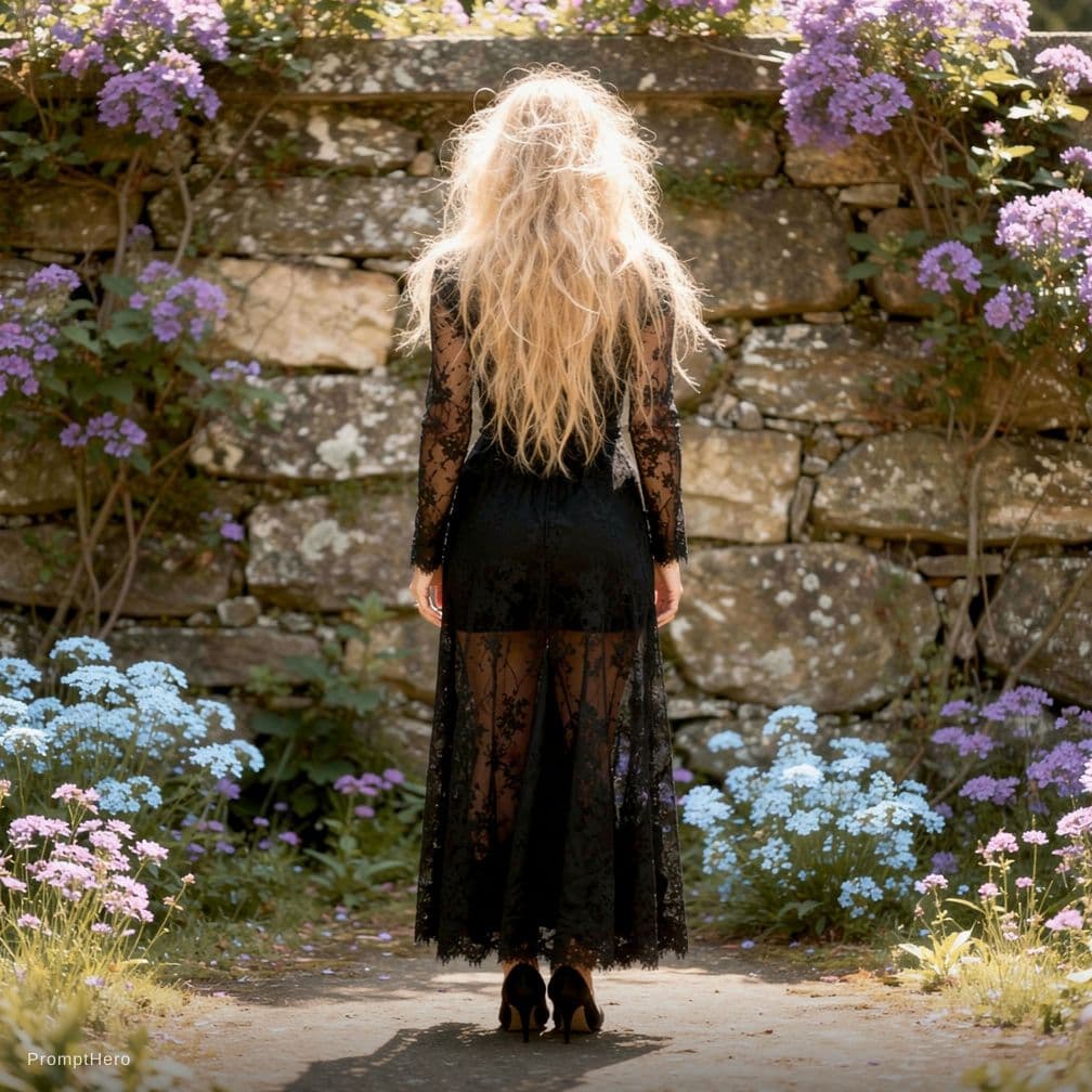 AI generated: Her back to the camera, standing in front an old stone wall, (overgrown:1.1) with (purple:1.1) and (...