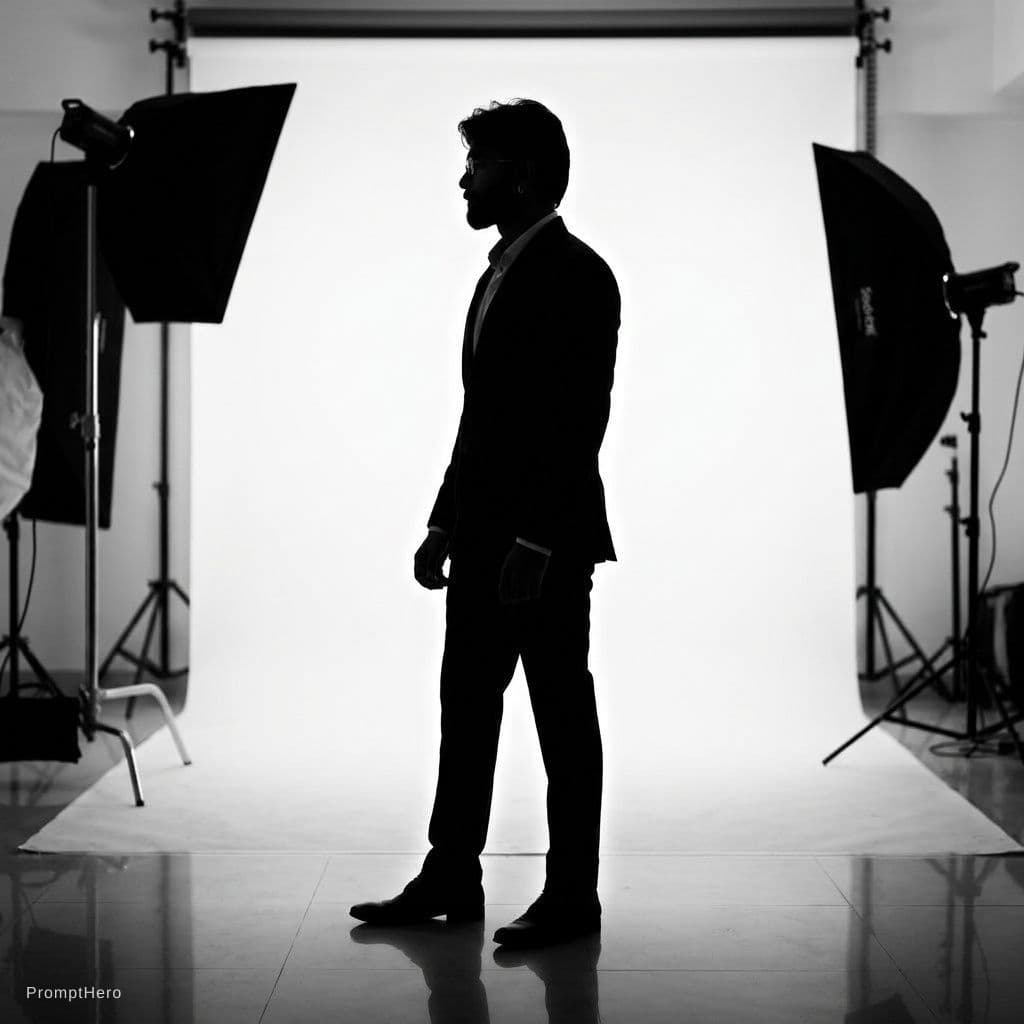 AI generated: Capture a male model's silhouette, white backdrop in photo studio, strong backlit lighting creating ...