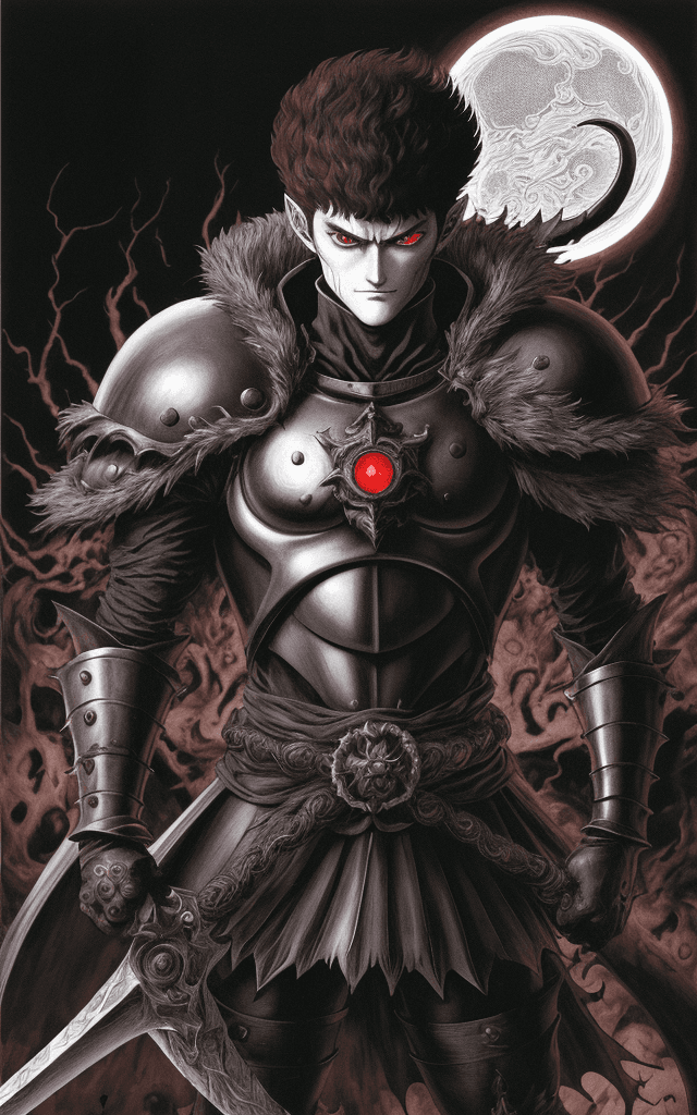 AI generated: monochrome, only eyes glowing red, a man with big eyes, brown hair with tuft, in golden armor, with ...
