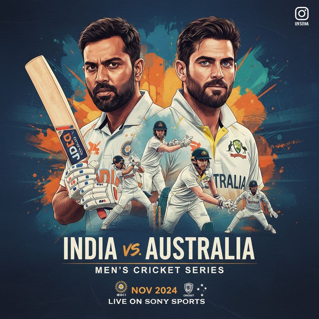 AI generated: a realistic poster-style image for a men’s cricket match between India and Australia. With Real play...