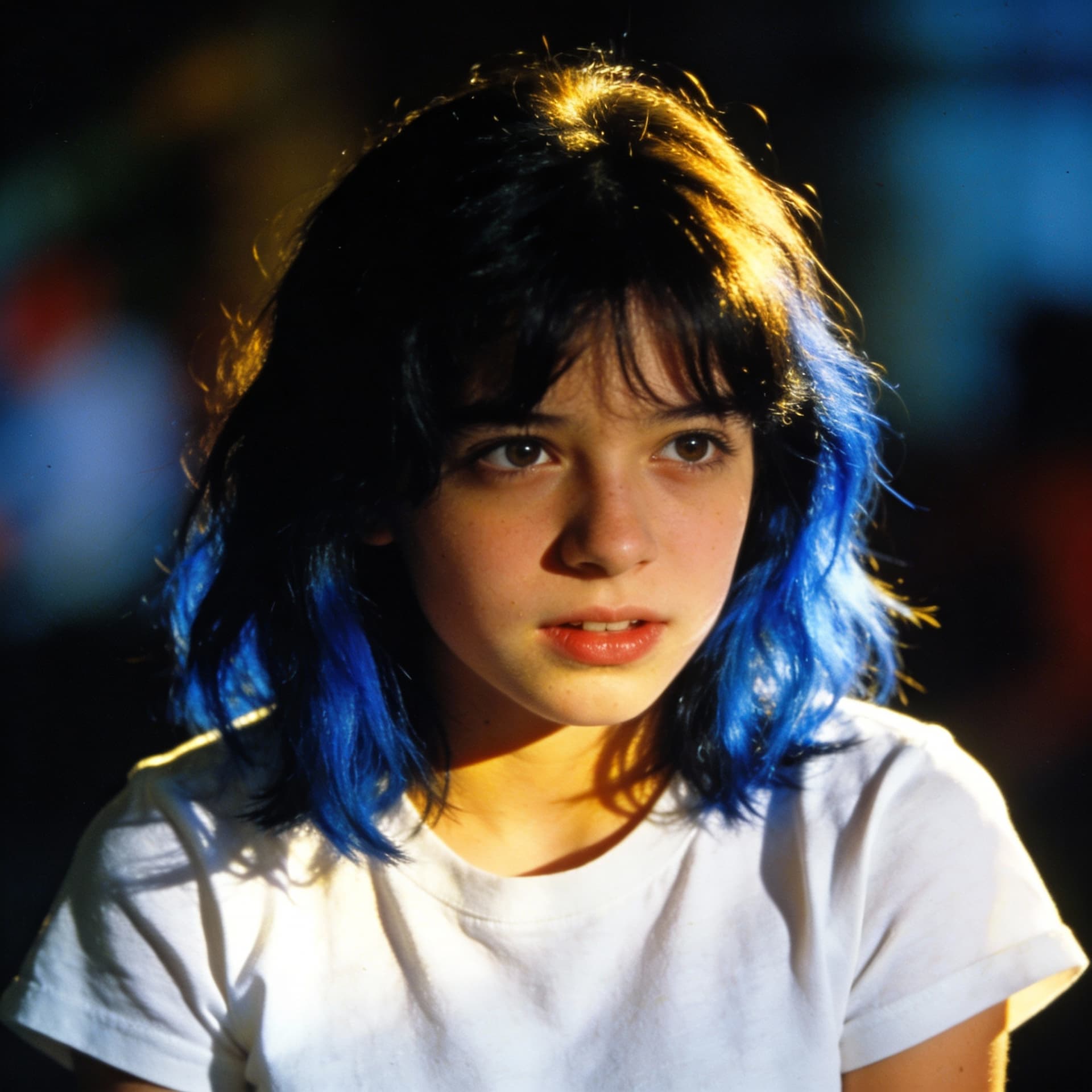 AI generated: ultra detailed, detailed, girl with medium lenght hair BLUE BLACK, cinematic, white t-shirts, 