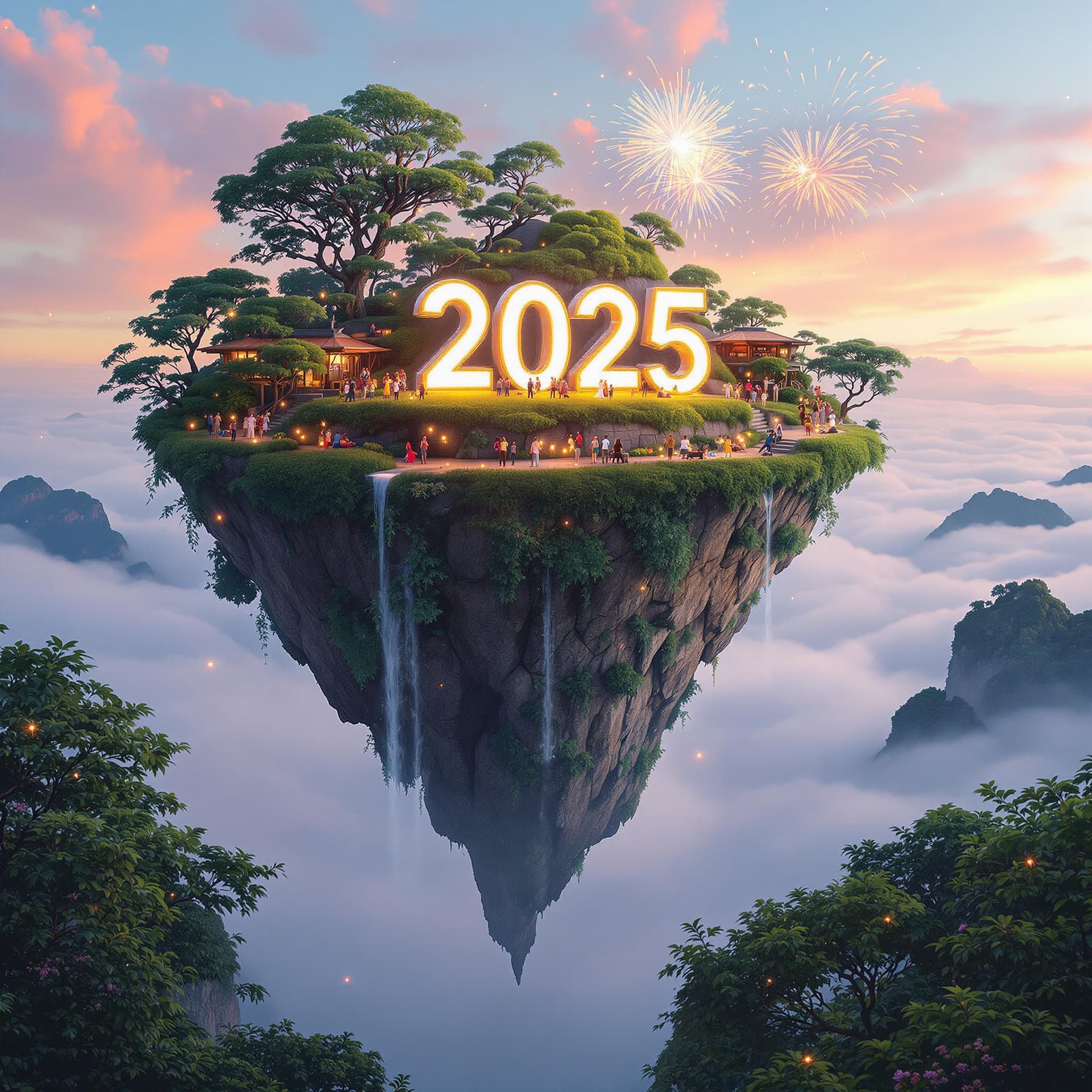 AI generated: A floating island high above the clouds, lush with greenery, waterfalls cascading into the misty aby...