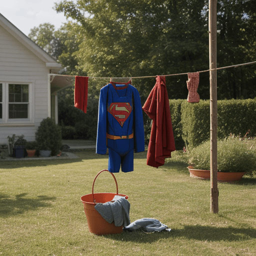 AI generated: clothes of superman hanging on a drying rope in backyard in sun. a clothes bucket can be seen on law...