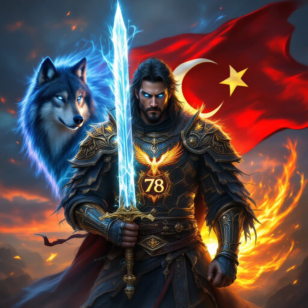 AI generated: A fierce warrior clad in traditional armor inspired by ancient Turkish mythology, holding a sword gl...