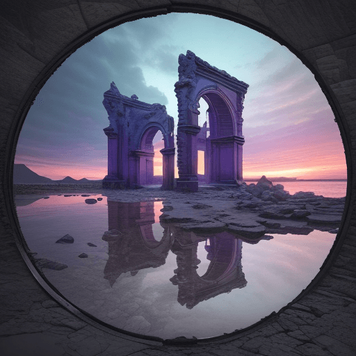 AI generated: a surreal and evocative scene with a large ruined door frame, made of dark stone with ornate details...