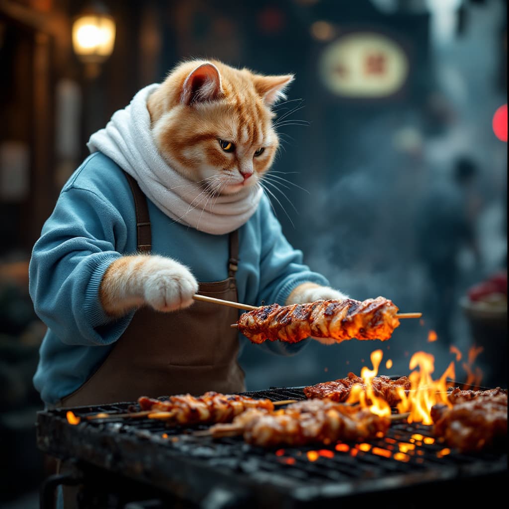 AI generated: Dramatic photo, panorama, full body, anthropomorphic real cute creamy cat, wearing old light blue sw...