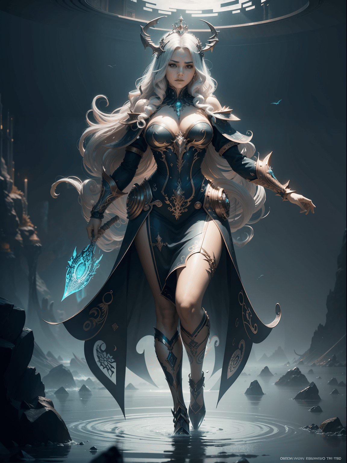 AI generated: beautiful woman Queen of ocean in spiral wave water, background glorious , perfect face, realistic, ...