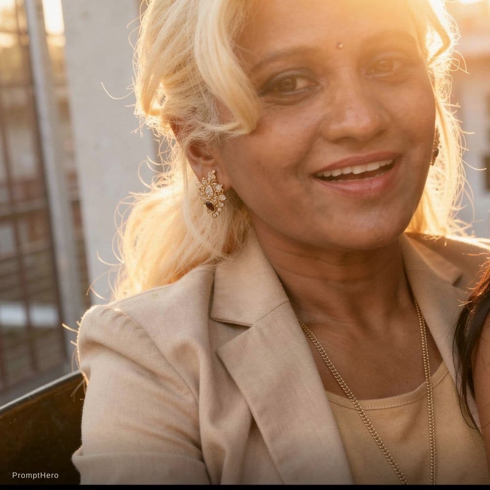 AI generated: Blonde woman, beige blazer and bikini top, soft golden-hour sunlight, serene expression, warm glow, ...