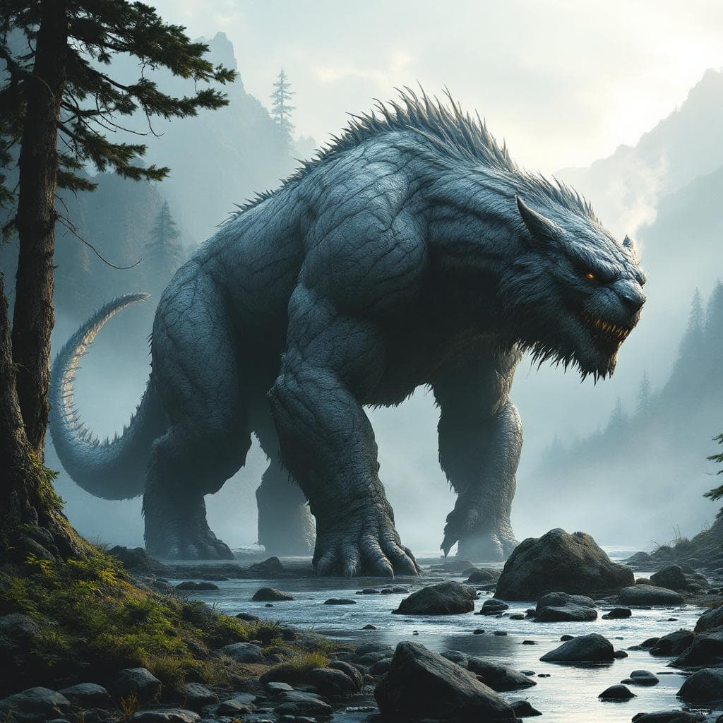 AI generated: A mountain sized land beast with thick sinewy limbs, ash grey hide marked by deep grooves, a tail li...