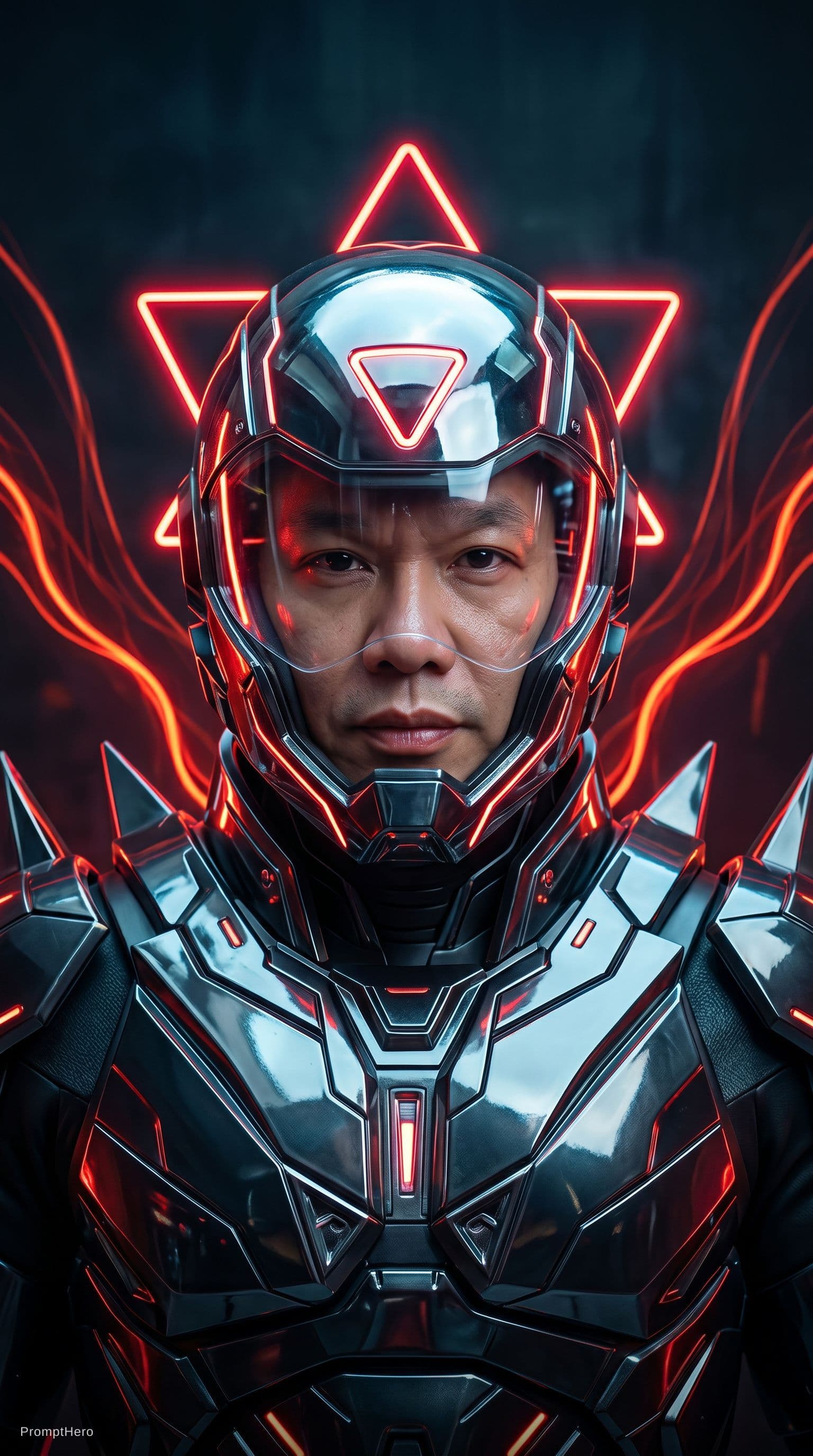AI generated: 
futuristic cyborg man featuring a captivating reflective cybernetic helmet adorned with glowing tri...