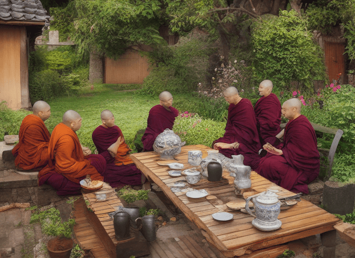 AI generated: High resolution portrait beautiful lively garden, some student monks, cup of tea and teapot, wooden ...