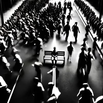 AI generated video: Cinematic black and white scene of a crowded city street viewed from above, hundreds of people rushi...