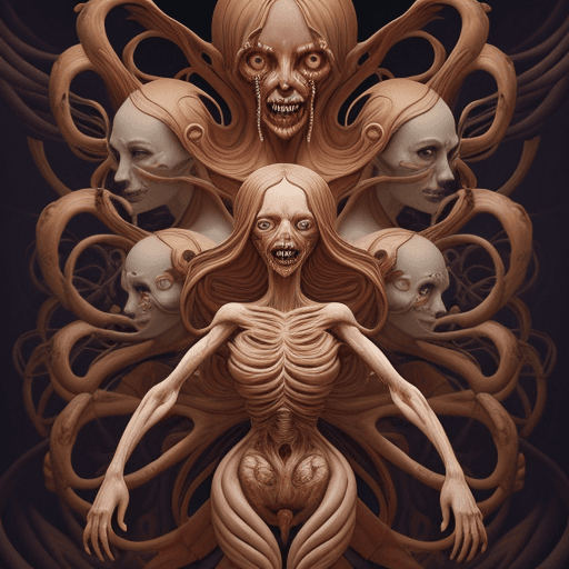 AI generated: Panopticon Octavio Ocampo: Human Carnage, In the foreground, twisted and distorted human figures are...