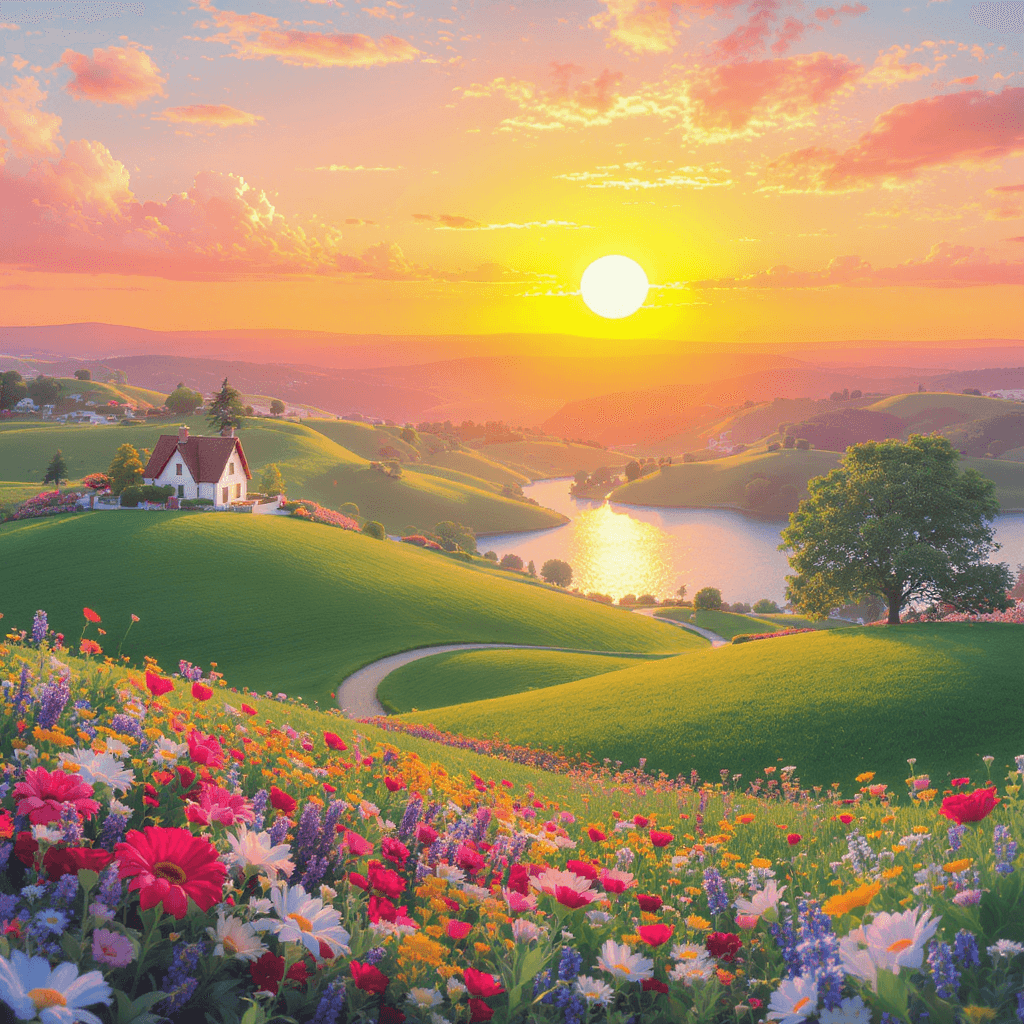 AI generated: Whimsical Sunset Over Rolling Hills
A vibrant landscape features a bright sun setting over rolling ...