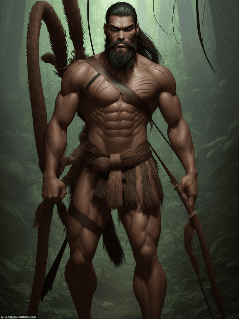 AI generated: A full-body jungle warrior, slender but muscular, with pronounced facial features and a determined a...
