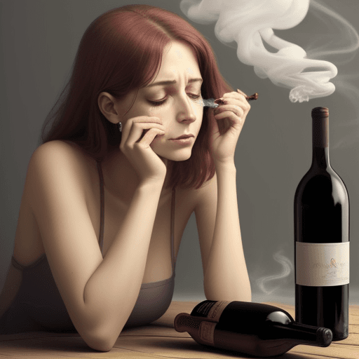AI generated: beatiful and very tired woman looking pile smoking a winebottle