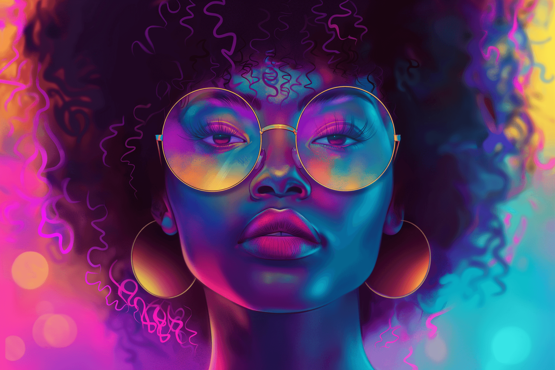AI generated: Beautiful afroamerican woman with short curly hair and glasses, retro poster style, colorful backgro...