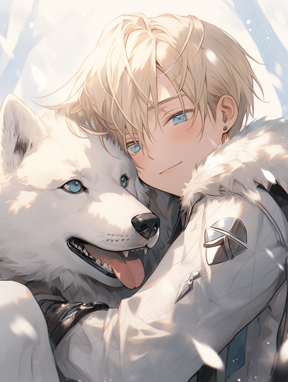 AI generated: young blonde boy snuggle white husky dog, in the style of pixiv anime art, light azure and blue tone...