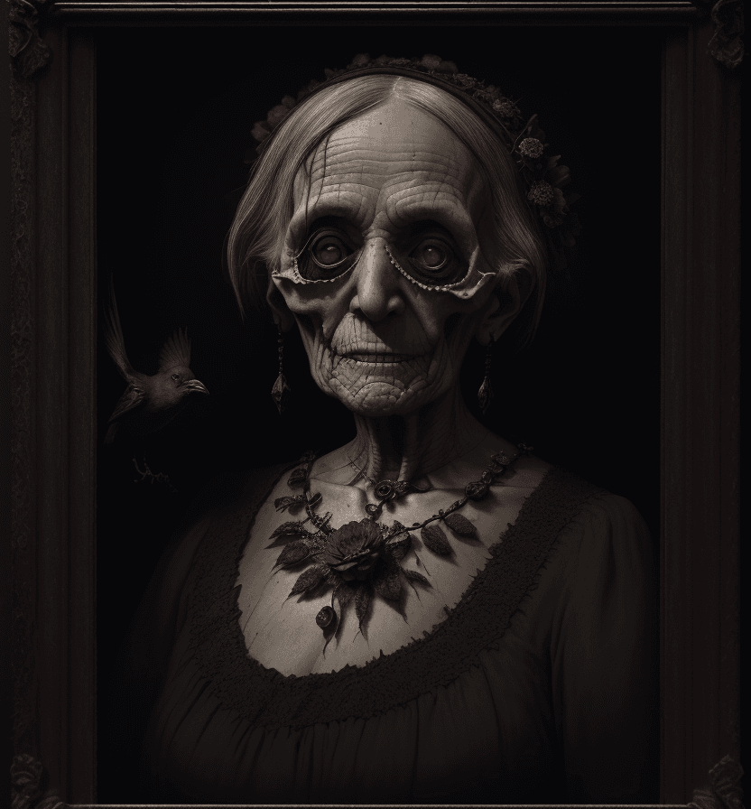 AI generated: portrait of a very old woman with a ruby necklace in an antique and torn dress, dark room, dried flo...