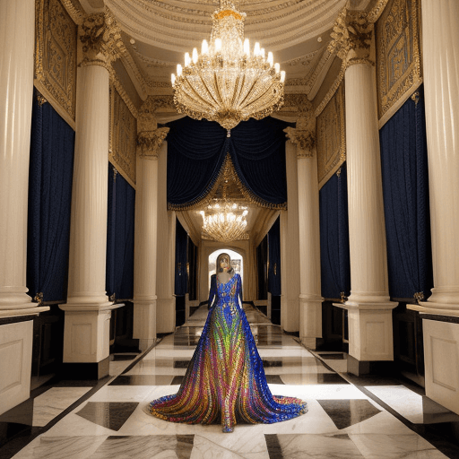 AI generated: An elegant woman dressed in a shimmering, colorful stained-glass gown  in 'Palatial Passage', ascend...