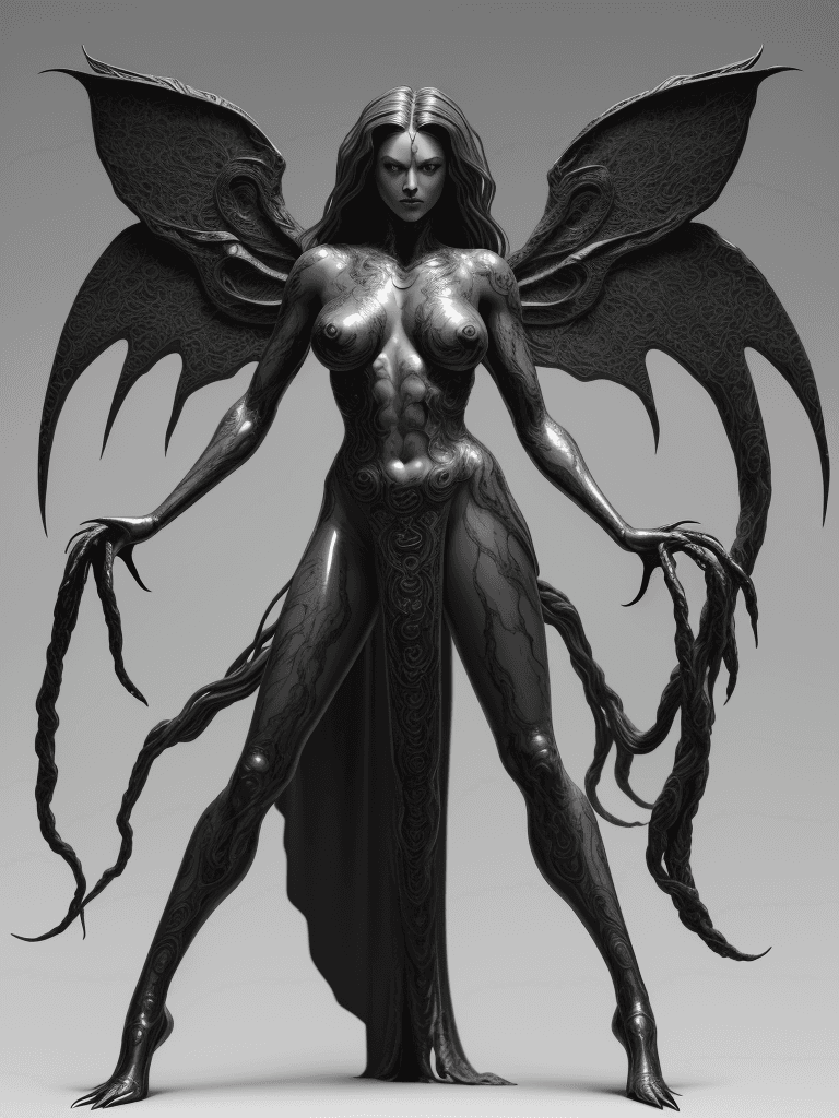 AI generated: Full-length shot full body medusa, The skin was stretched all over the body. It had chicken legs and...