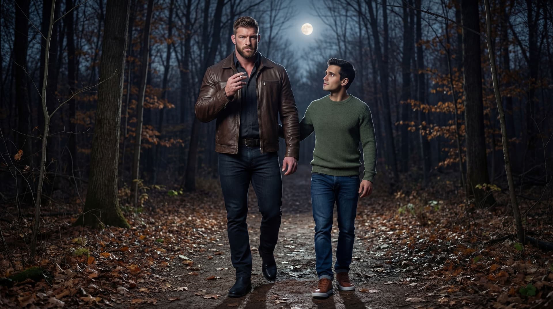 AI generated: On a Autumn night, at a wooden area full of trees. 

the models are wearing the same outfits. They a...