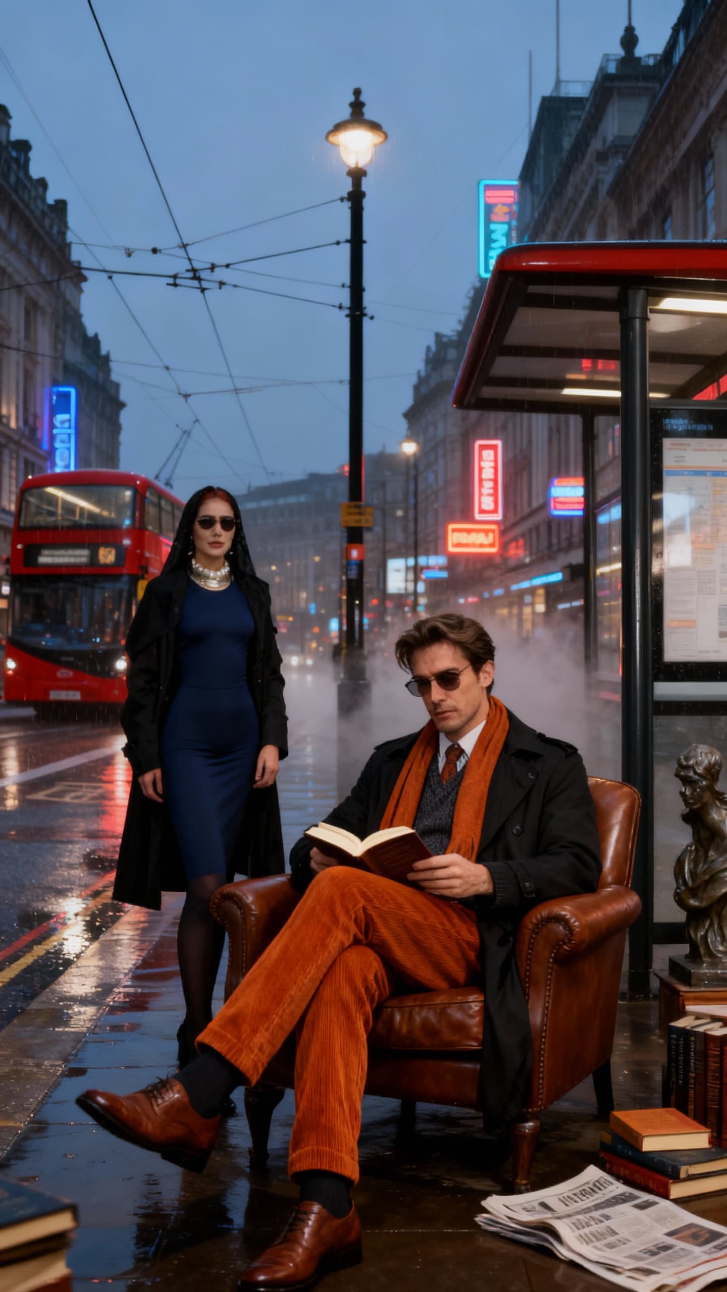 AI generated: Ultra-realistic cinematic portrait of a sophisticated man standing at a London bus stop. He wears a ...