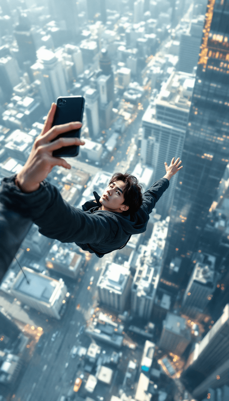 AI generated: Acrophobia composition, a worried Japanese youth hangs from the roof of a skyscraper, clinging to th...