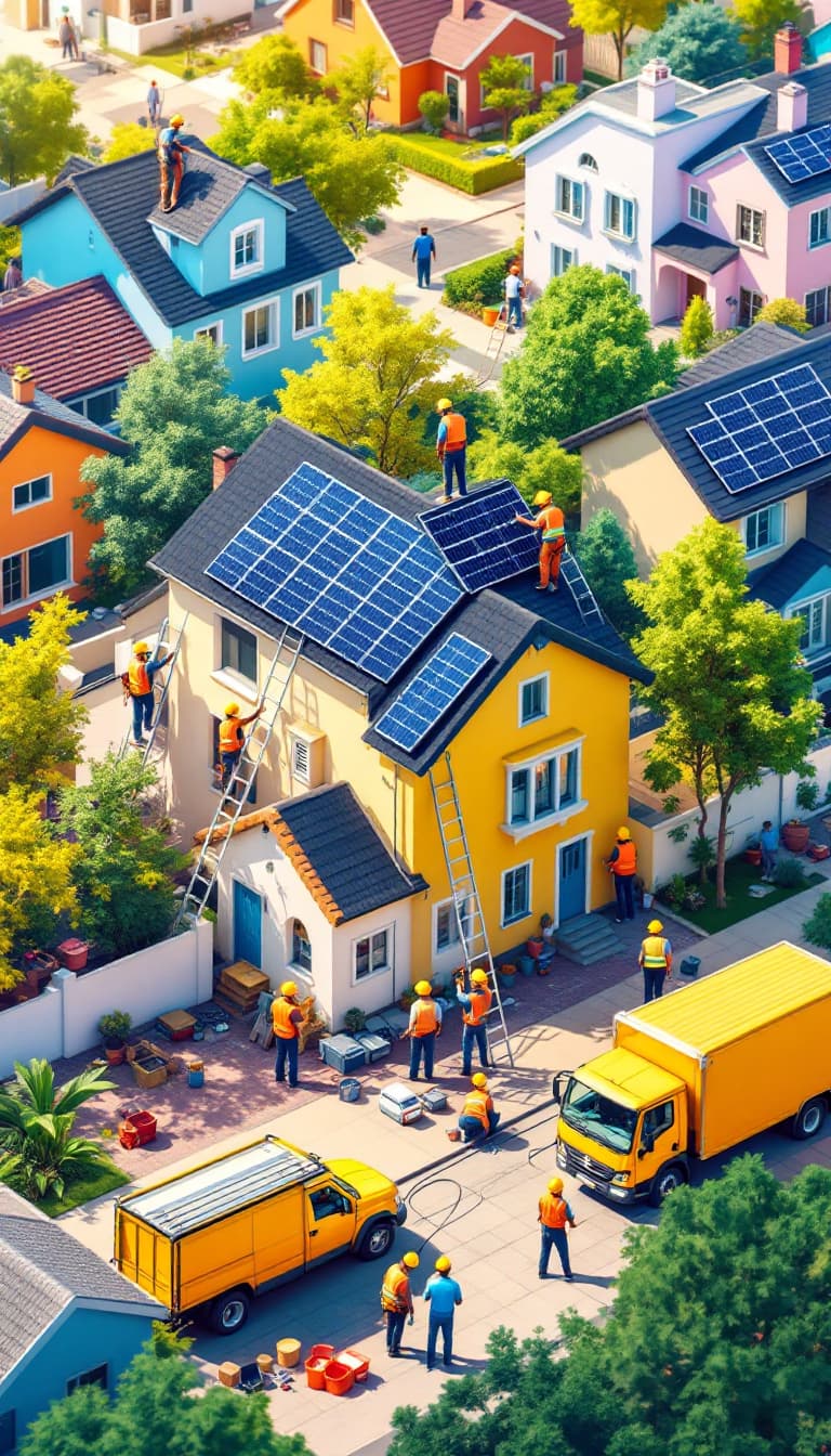 AI generated: A lively suburban neighborhood filled with colorful houses, each equipped with solar panels. Focus o...