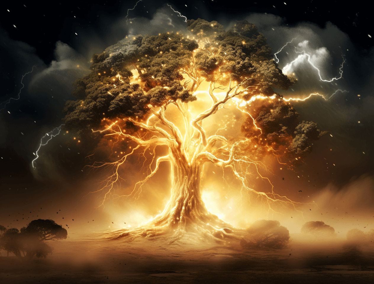 AI generated: lightning lightning tree by marie taie, in the style of photoillustration, environmental awareness, ...