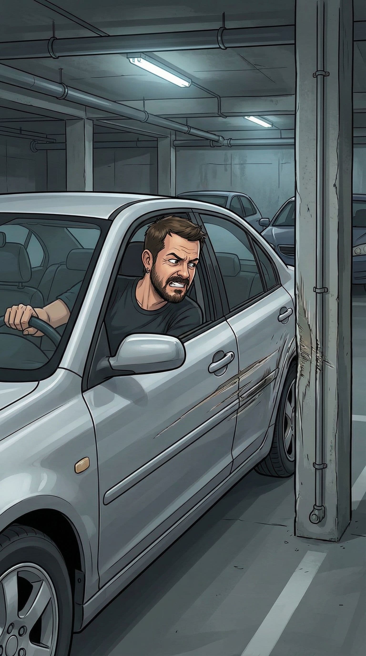 AI generated: Ponme al tipo de referencia pegándole un buen rozón contra una columna a un coche en un garaje. Cart...