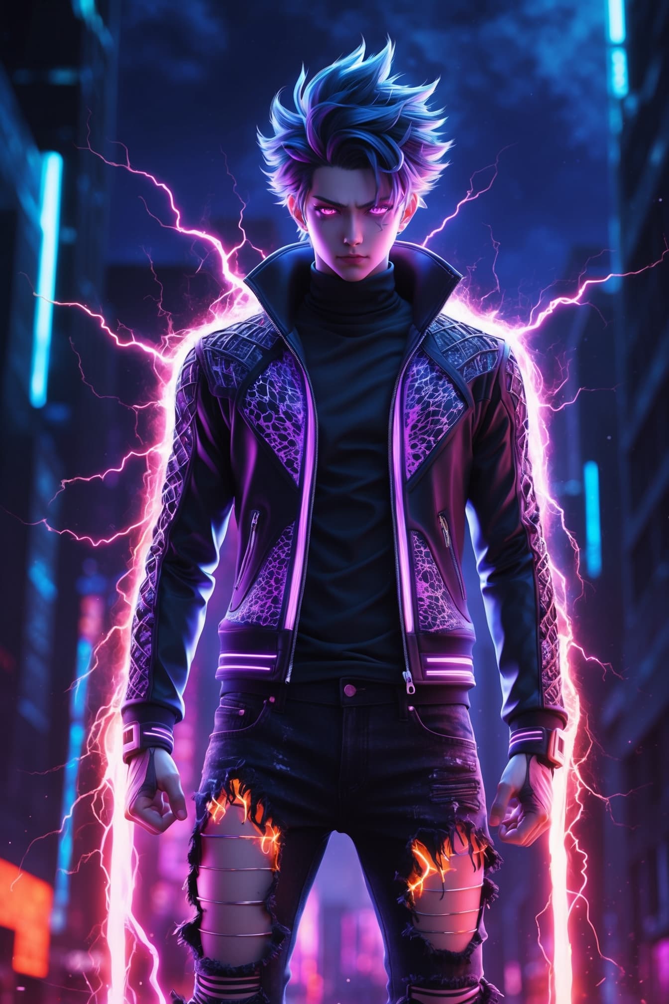 AI generated: A breathtakingly detailed illustration of an anime-inspired male figure, radiant with an ultraviolet...