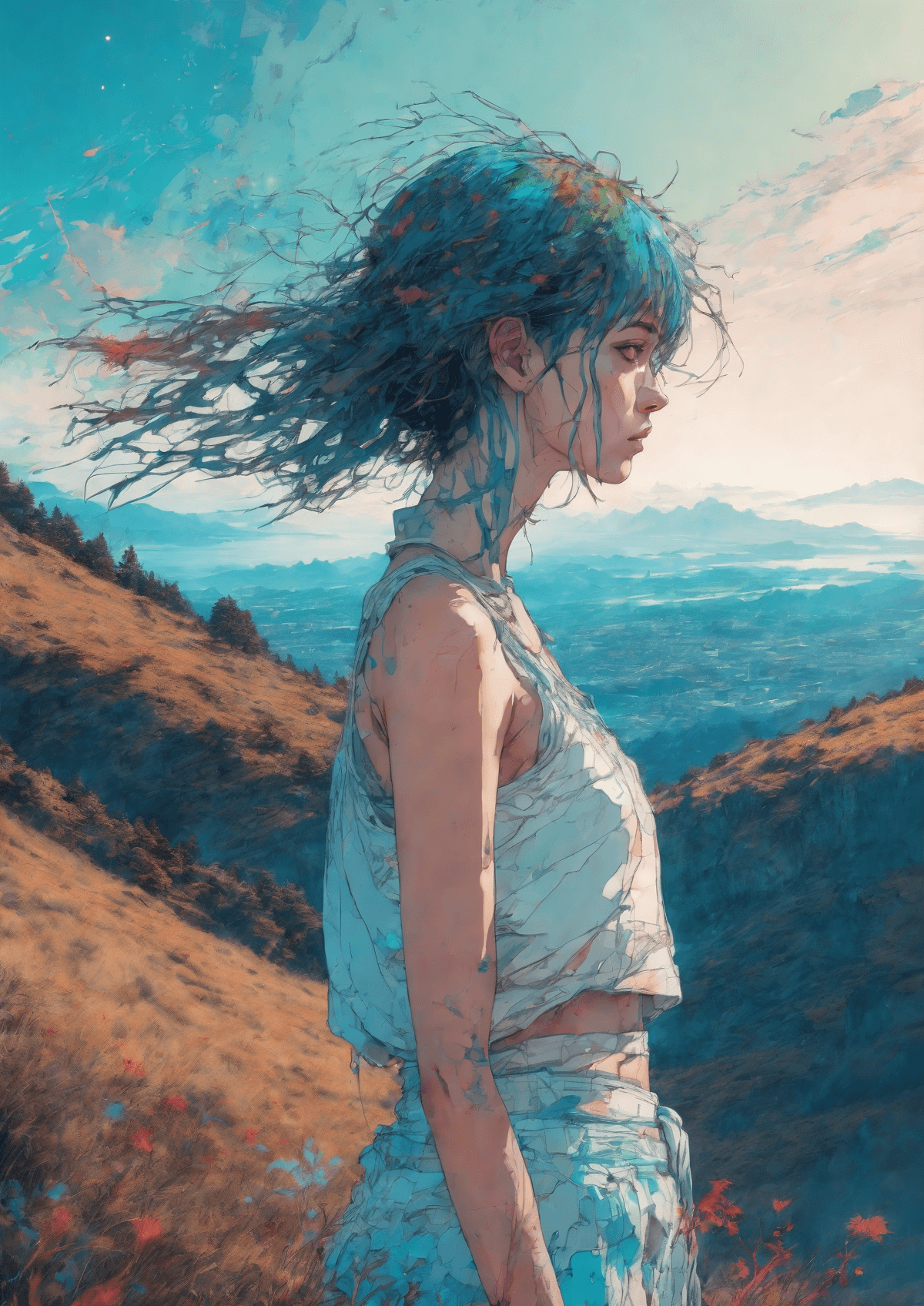 AI generated: spacial girl | standing alone on hill| centered| detailed gorgeous face| anime style| key visual| in...