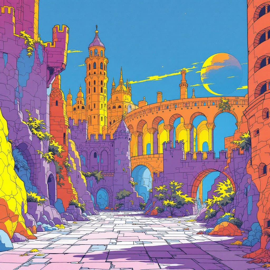 AI generated: by moebius, colorful, purple, azure, yellow, orange, saturated colors, moebius, moebius --ar 16:9