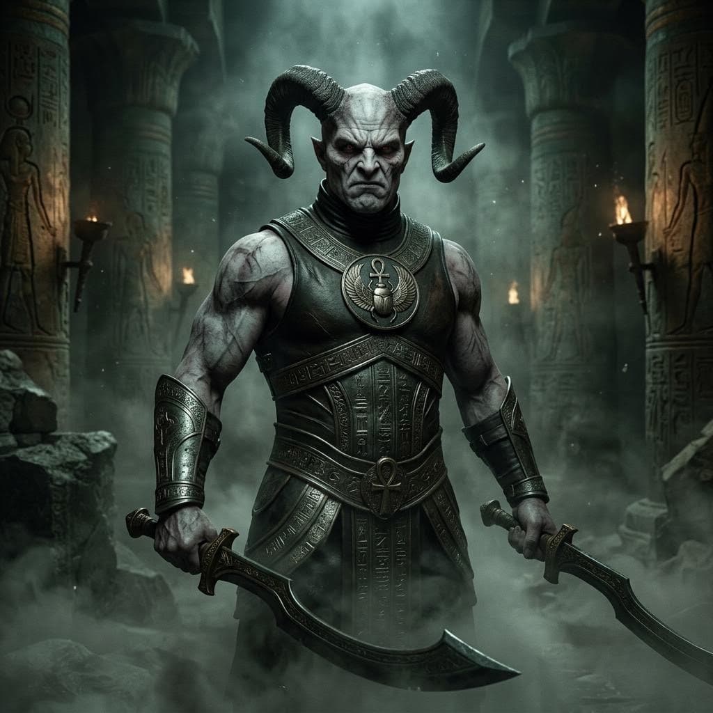 AI generated: a dark, ominous scene depicting a muscular, demon-like warrior with two prominent horns protruding f...