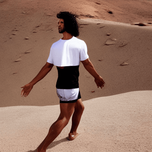 AI generated: a South American fitness model wearing oversized t-shirt in white
desert setting
