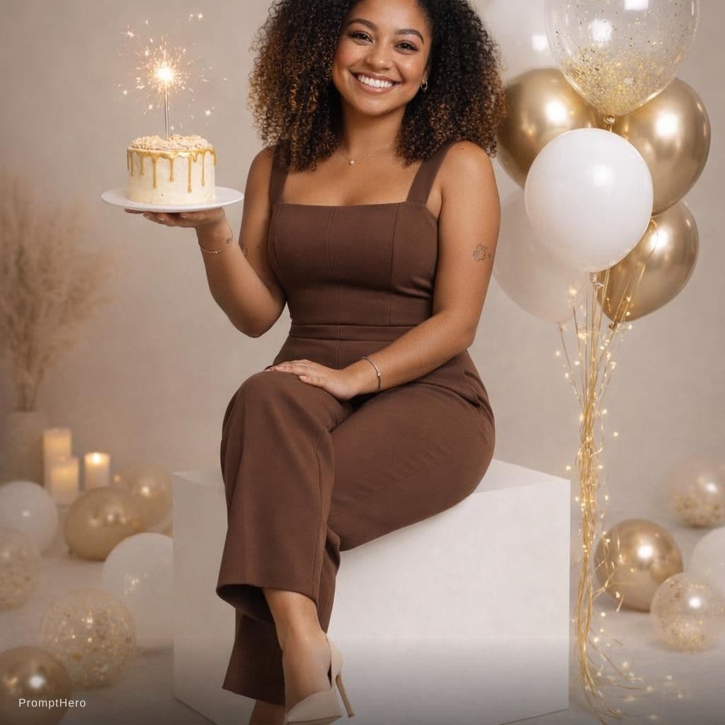AI generated: Professional studio birthday portrait, recreating the exact same setting, lighting, clothing, pose, ...