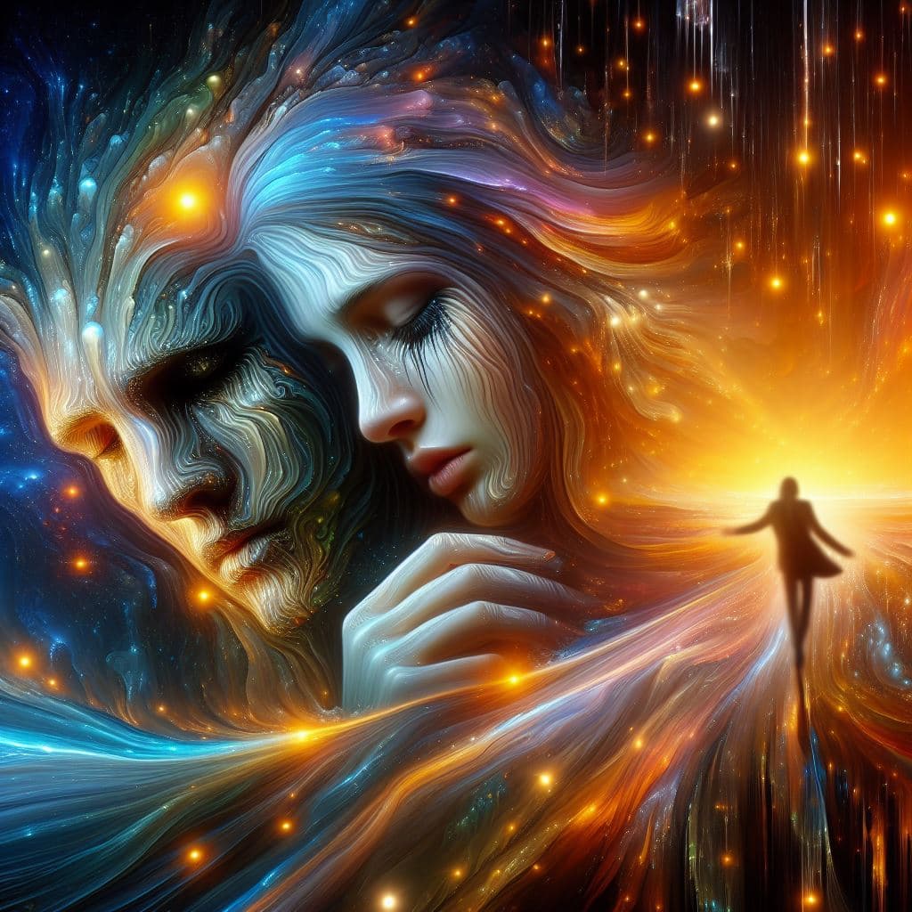 AI generated: sadness and joy  in a sureal world,shiny,dynamic lights,high detailed,greg rutkowski and jean ansell