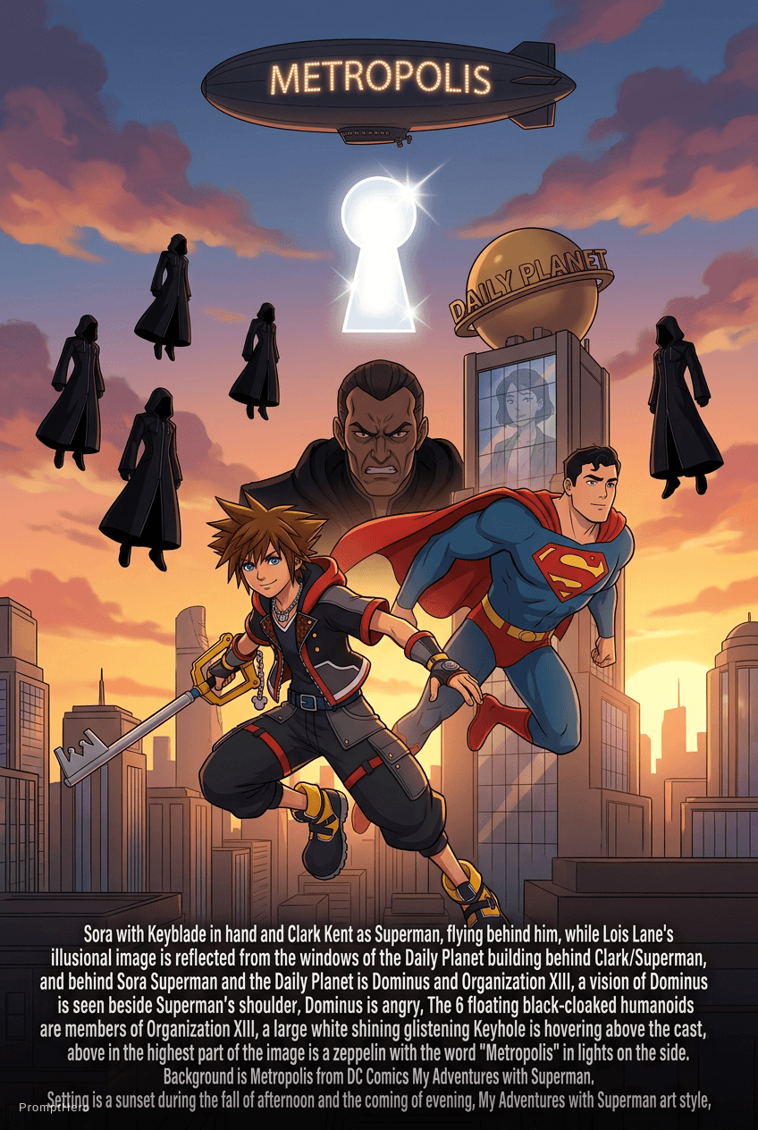 AI generated: Sora with Keyblade in hand and Clark Kent as Superman, flying behind him, while Lois Lane's illusion...