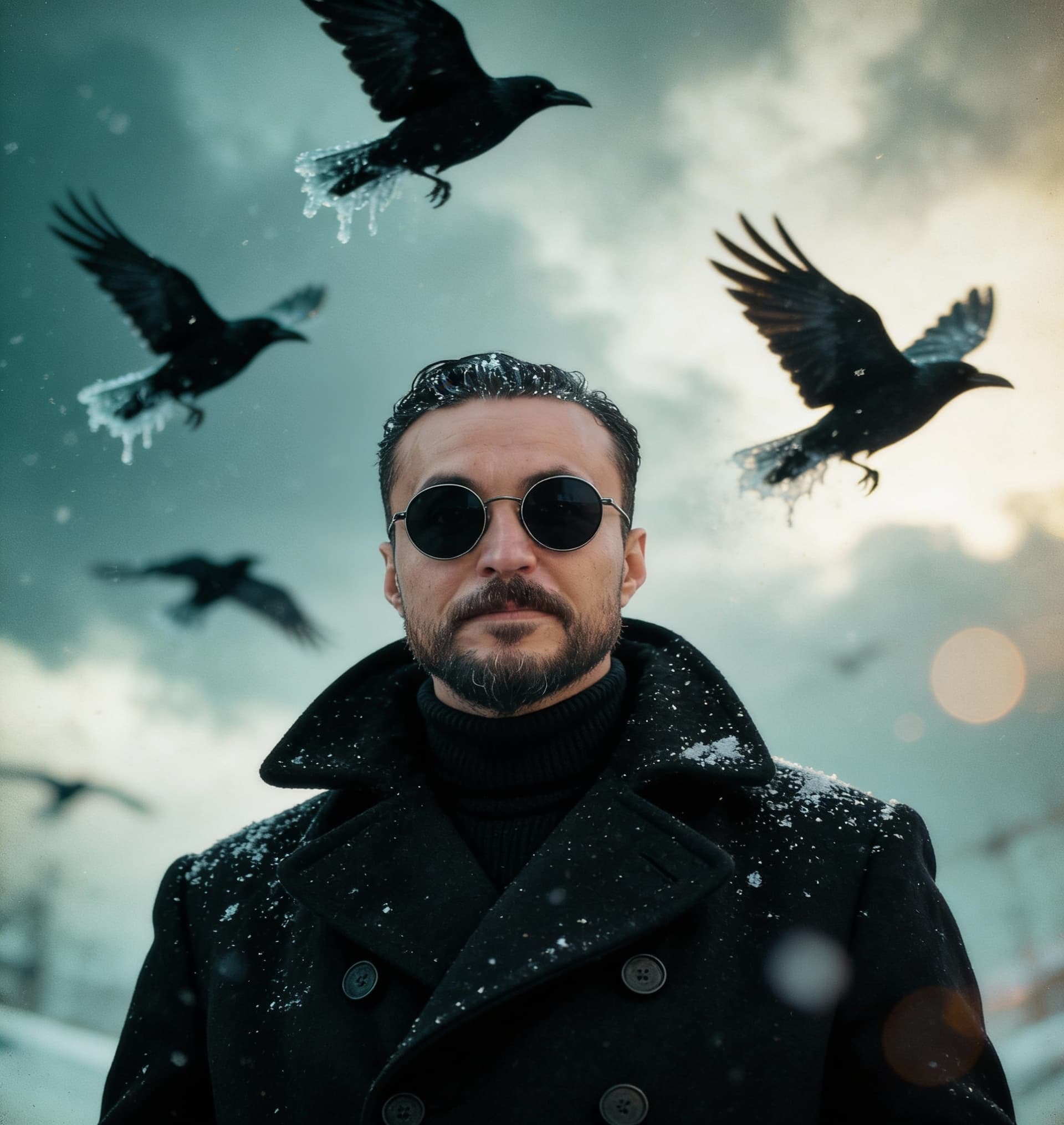 AI generated: صورة سينمائية لرجل يرتدي لحية جيدة التجهيز ونظارات سوداء مستديرة يرتدي معطف أسود ثقيل مزدوج الصدرين ...