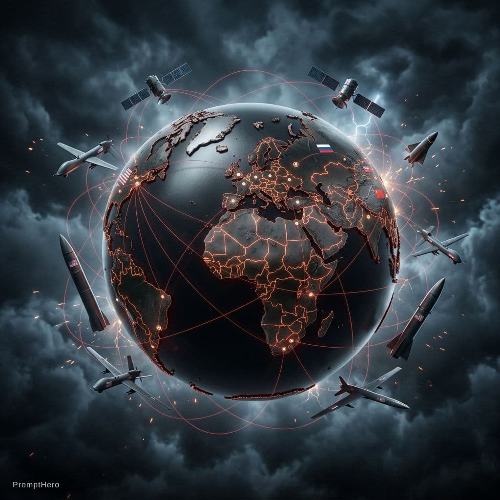 AI generated: Conceptual symbolic illustration of "World War III scenario", showing a dramatic global tension them...