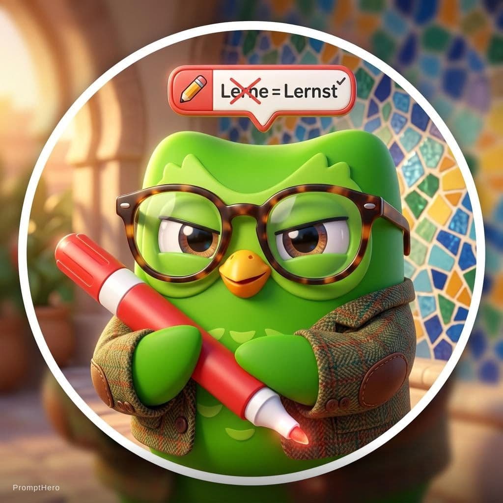 AI generated: A single cute chubby green cartoon owl with big expressive eyes, wearing thick-rimmed glasses and a ...