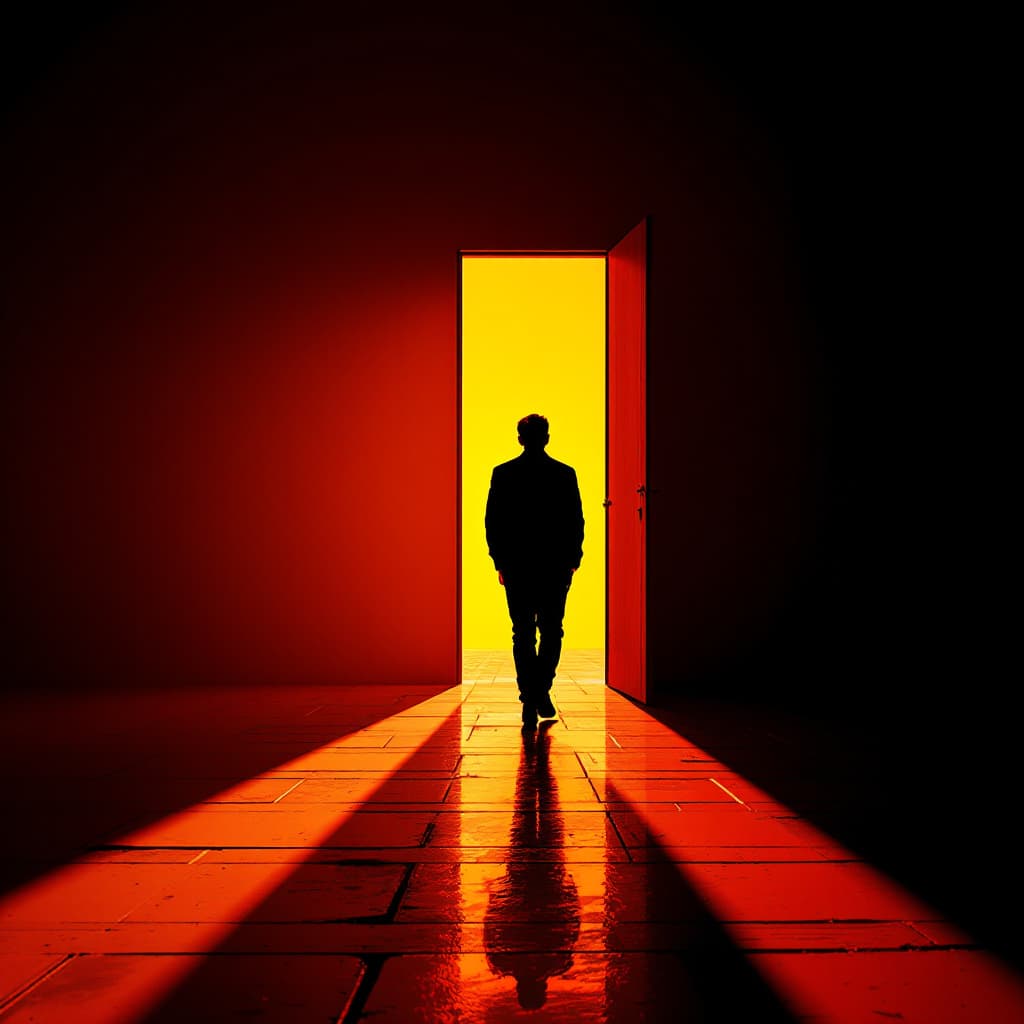 AI generated: sunlight casting deep orange shadows while a man walking toward the light is silhouetted against bri...