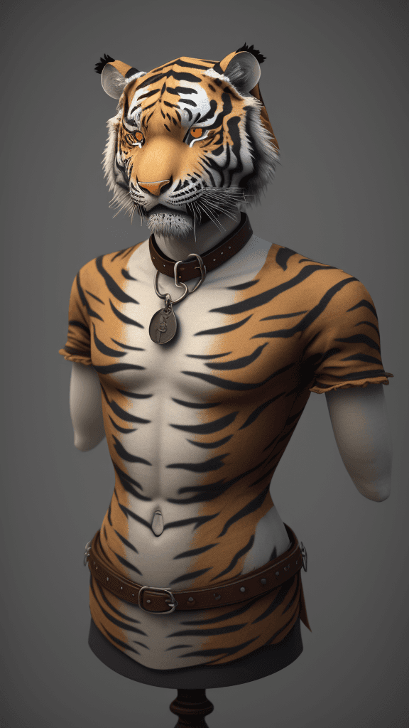 AI generated: A Horrible Millennial Linen tiger, fright, 3D render, renaissance, serial art, slave collar, popular...